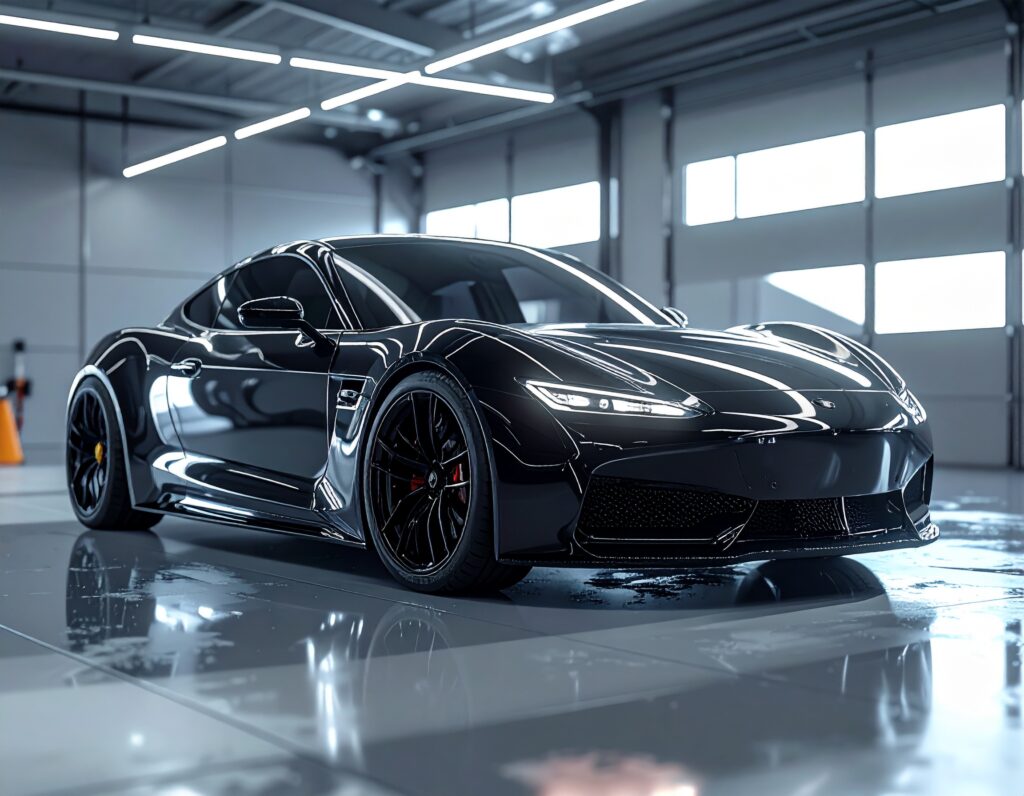 A luxury car half wrapped in a glossy transparent protective film