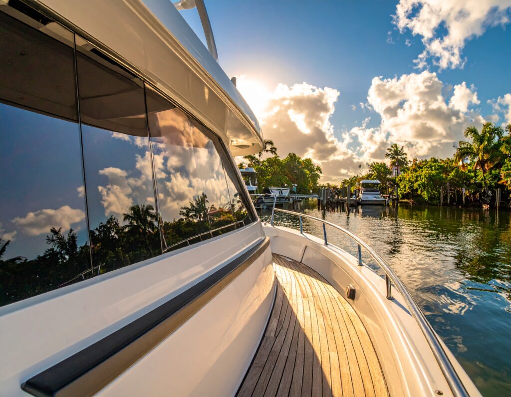 Beautiful yacht with tinted windows in the sunshine of Florida canals