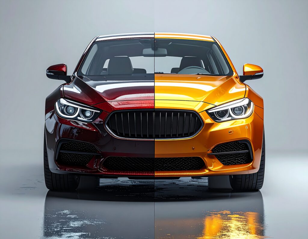 Before and after comparison of car paint with and without PPF