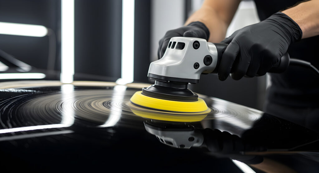 Car Detailing Close Up Buffing Shiny Black Vehicle With a Yellow Pad Leaving Swirl Marks On The Glossy Surface